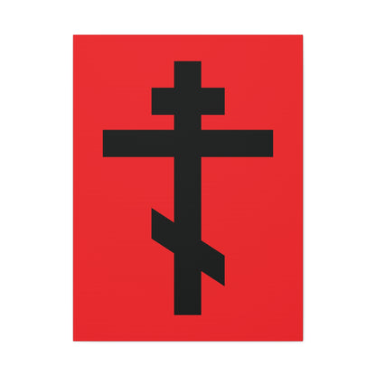 Black Orthodox Cross Red Background Canvas Art: "May I never boast, except in the cross of our Lord Jesus Christ" (Gal 6:14) – a symbol of enduring faith for Orthodox Christians.