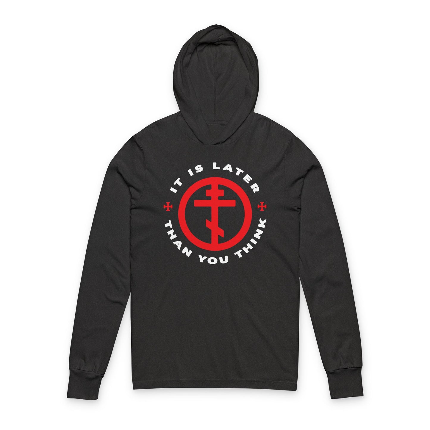 Charcoal Black TriBlend hoodie with Orthodox Cross in a circle and "It Is Later Than You Think" text, inspired by Fr Seraphim Rose and the call to put on the armour of light. Memento Mori, American Saint, Apocalypse theme.