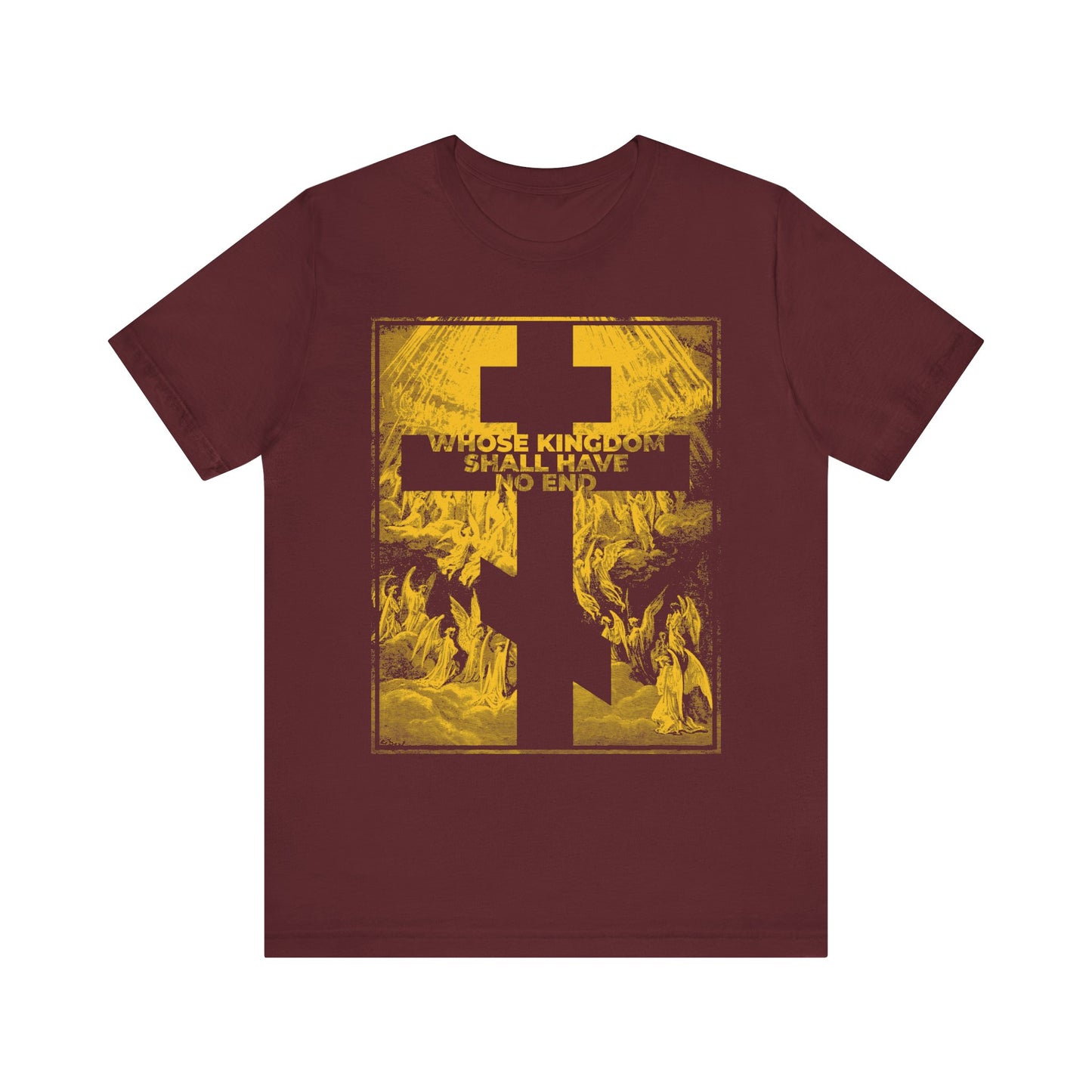 Introducing the "Whose Kingdom Shall Have No End" lightweight cotton unisex t-shirt—a maroon shirt featuring a bold yellow cross, radiant light, and the phrase "Whose kingdom shall have no end" at its center. Inspired by the Nicene Creed and adorned with imagery reminiscent of Gustave Doré’s apocalyptic art, this design makes a powerful statement of Christian faith.