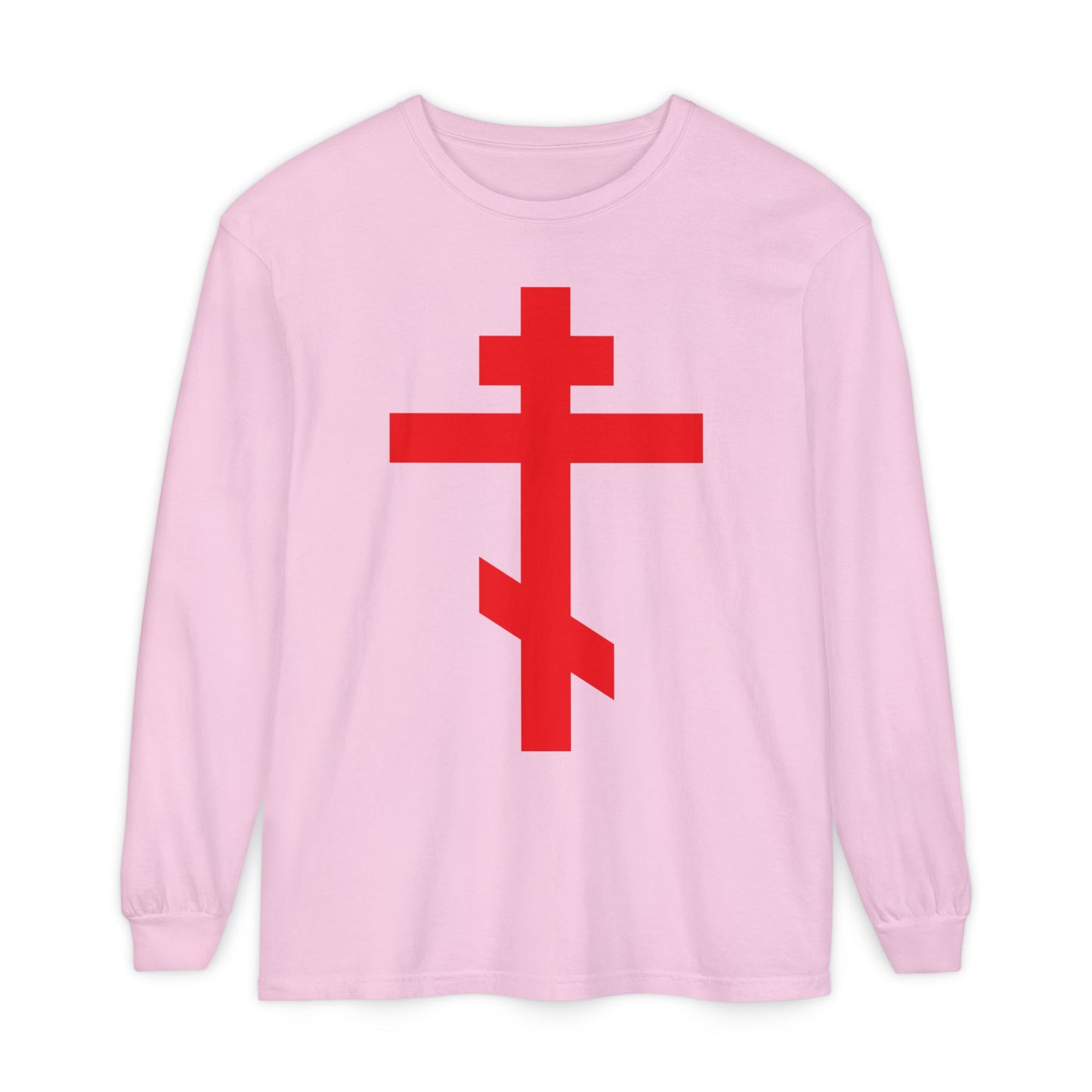 Blossom long sleeve cotton shirt, featuring a bright red Orthodox Cross and "Preserve Thy People By Thy Cross, O Lord"—inspired by the Troparion of the Cross.