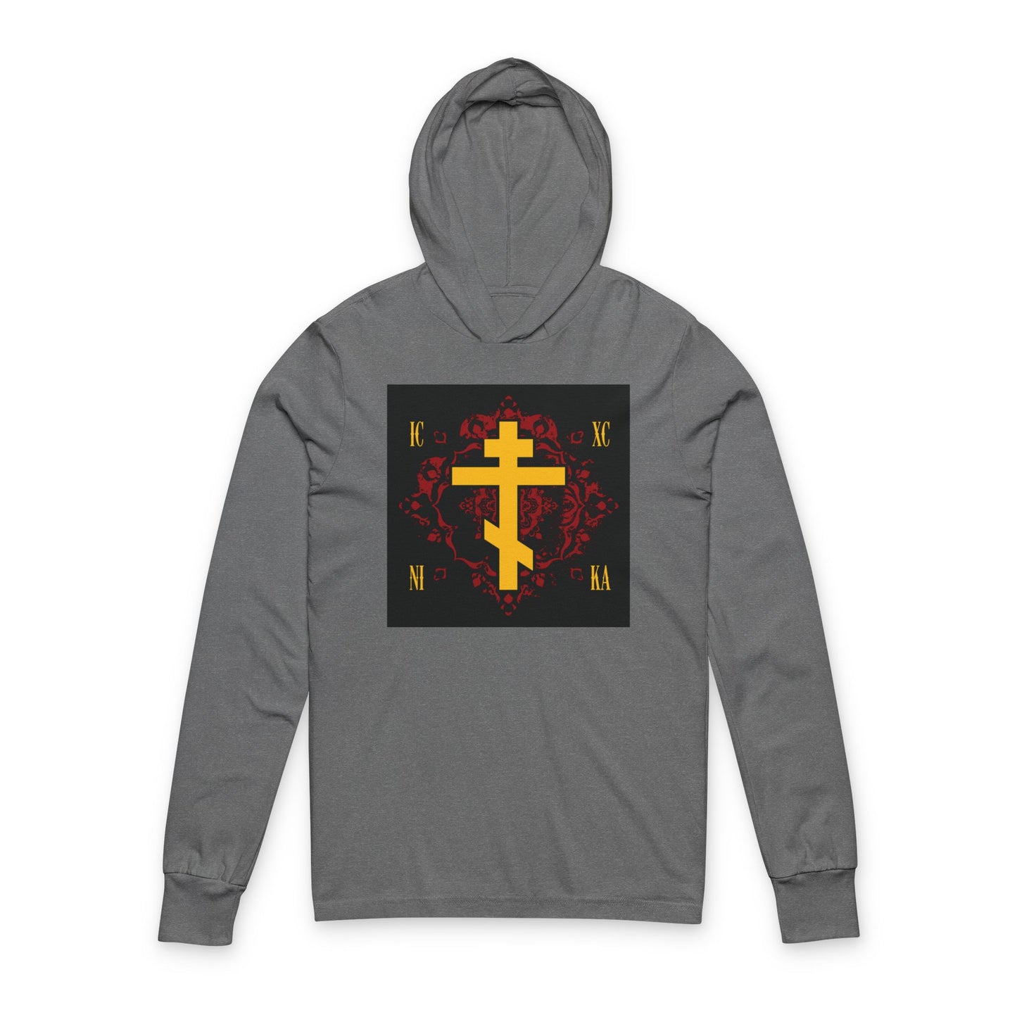 ICXC NIKA Yellow Russian Cross on Ornate Red Background Design | Jesus Christ Conquers | Orthodox Long Sleeve Hooded Shirt