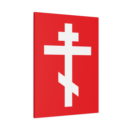 The "White Orthodox Cross Red Background" canvas art features a white Eastern Orthodox cross on red, inspired by Galatians 6:14—"May I never boast, except in the cross of our Lord Jesus Christ.