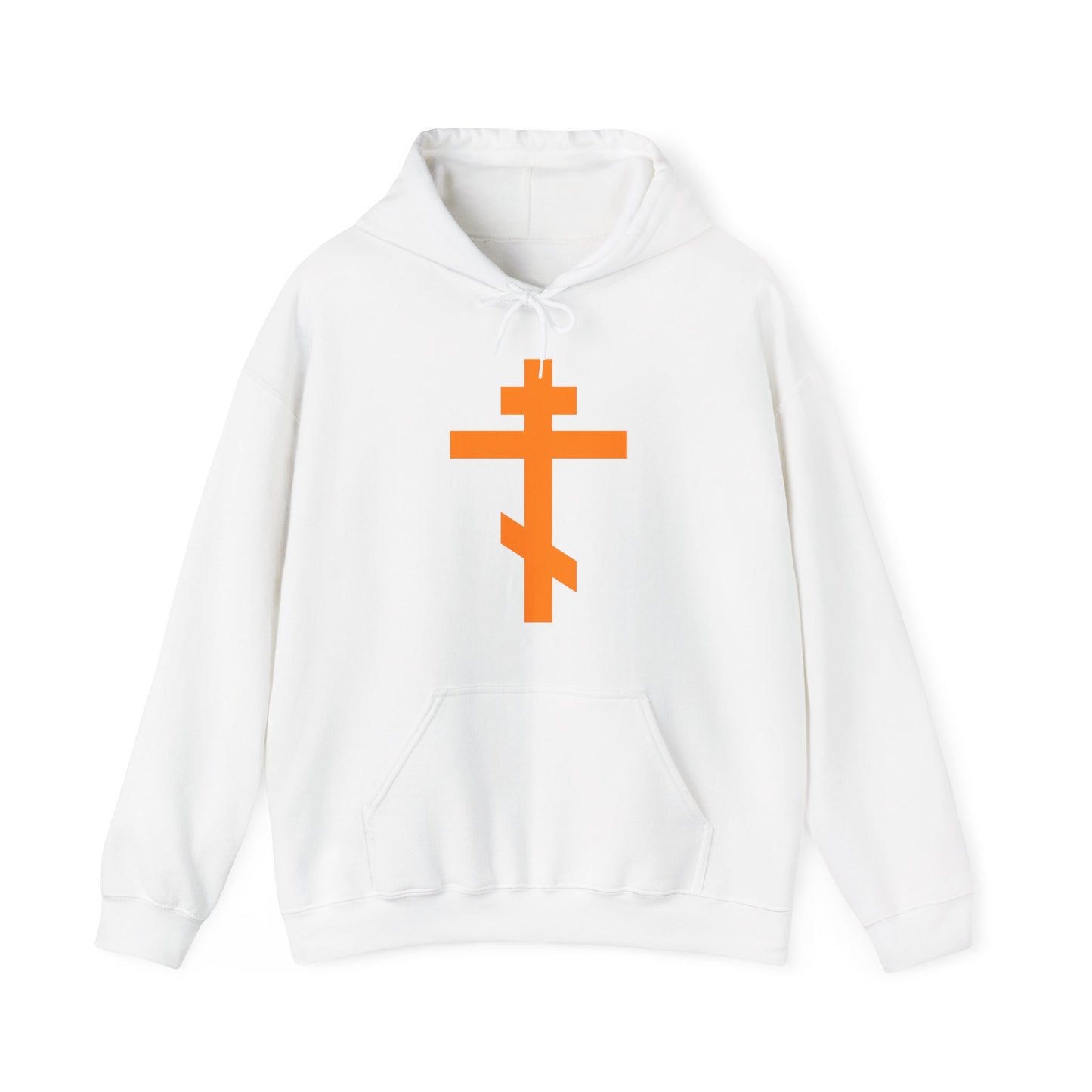 White hoodie with a bold orange Orthodox tribar cross, inspired by "Preserve Thy People By Thy Cross, O Lord." Features "Christ is King" Christian streetwear design. Product: Orange Orthodox Tribar Cross Hoodie. Color: White.