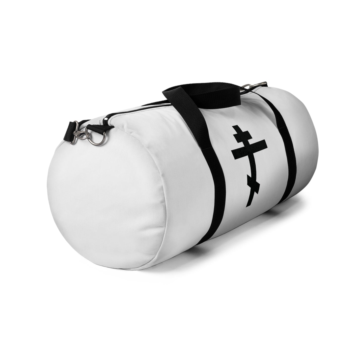 Black Orthodox Cross gym duffel bag with black straps and a bold cross on the side, featuring Gal 6:14: "May I never boast, except in the cross of our Lord Jesus Christ." Perfect for Orthodox Christians.