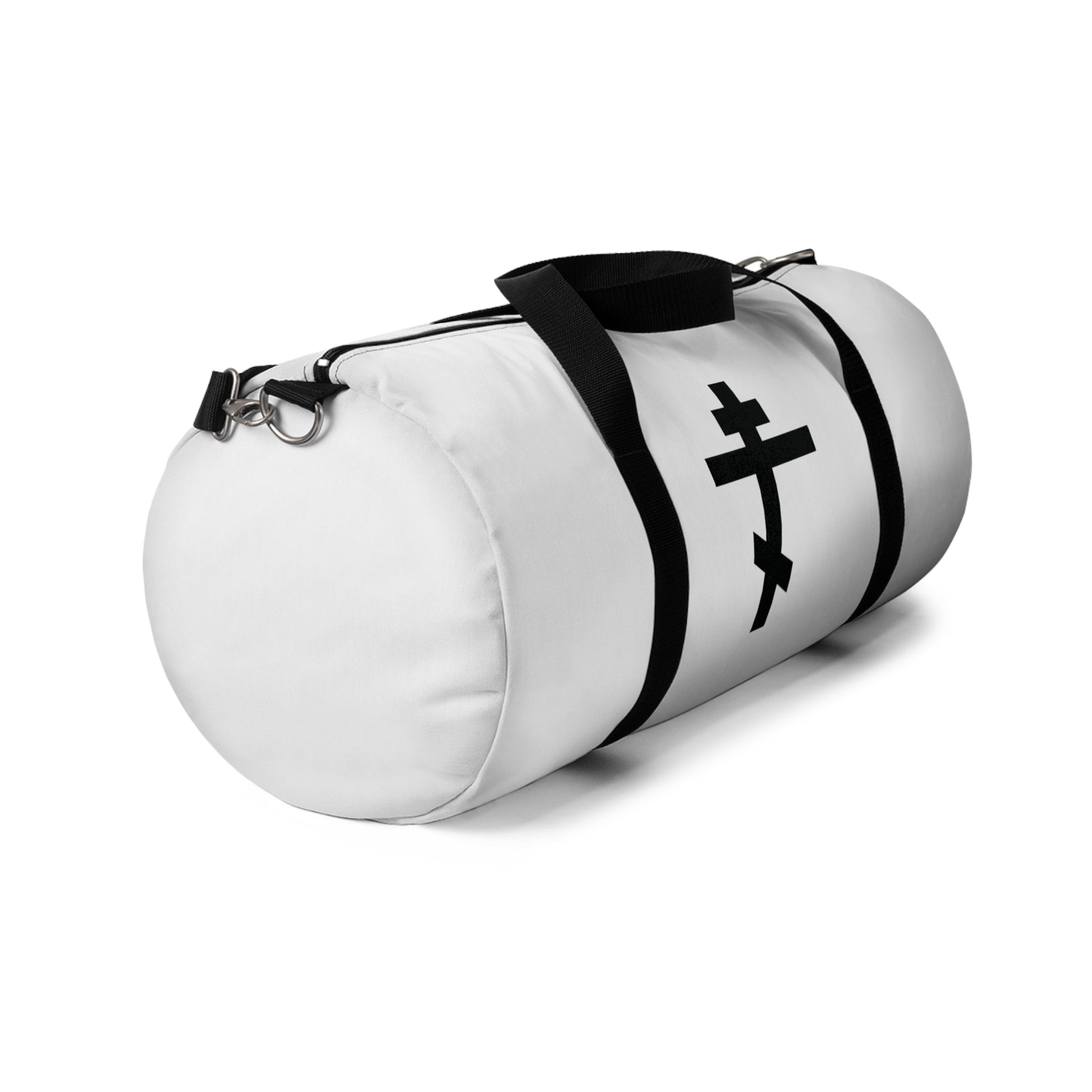 Black Orthodox Cross gym duffel bag with black straps and a bold cross on the side, featuring Gal 6:14: "May I never boast, except in the cross of our Lord Jesus Christ." Perfect for Orthodox Christians.