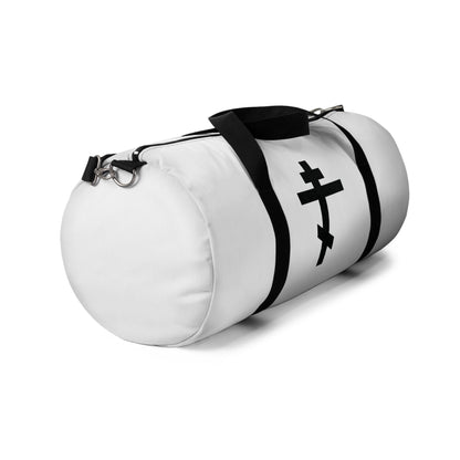Black Orthodox Cross gym duffel bag with black straps and a bold cross on the side, featuring Gal 6:14: "May I never boast, except in the cross of our Lord Jesus Christ." Perfect for Orthodox Christians.
