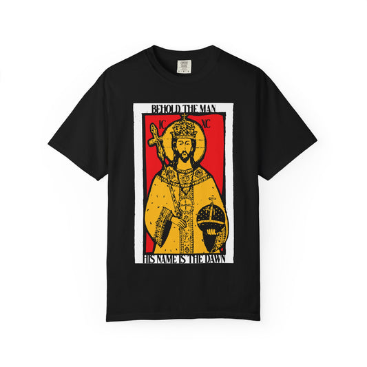 Black heavyweight cotton unisex tee featuring a red and yellow Christ icon with "Behold the Man, His Name is the Dawn" (Zechariah 6:12 LXX), inspired by Messianic hope.
