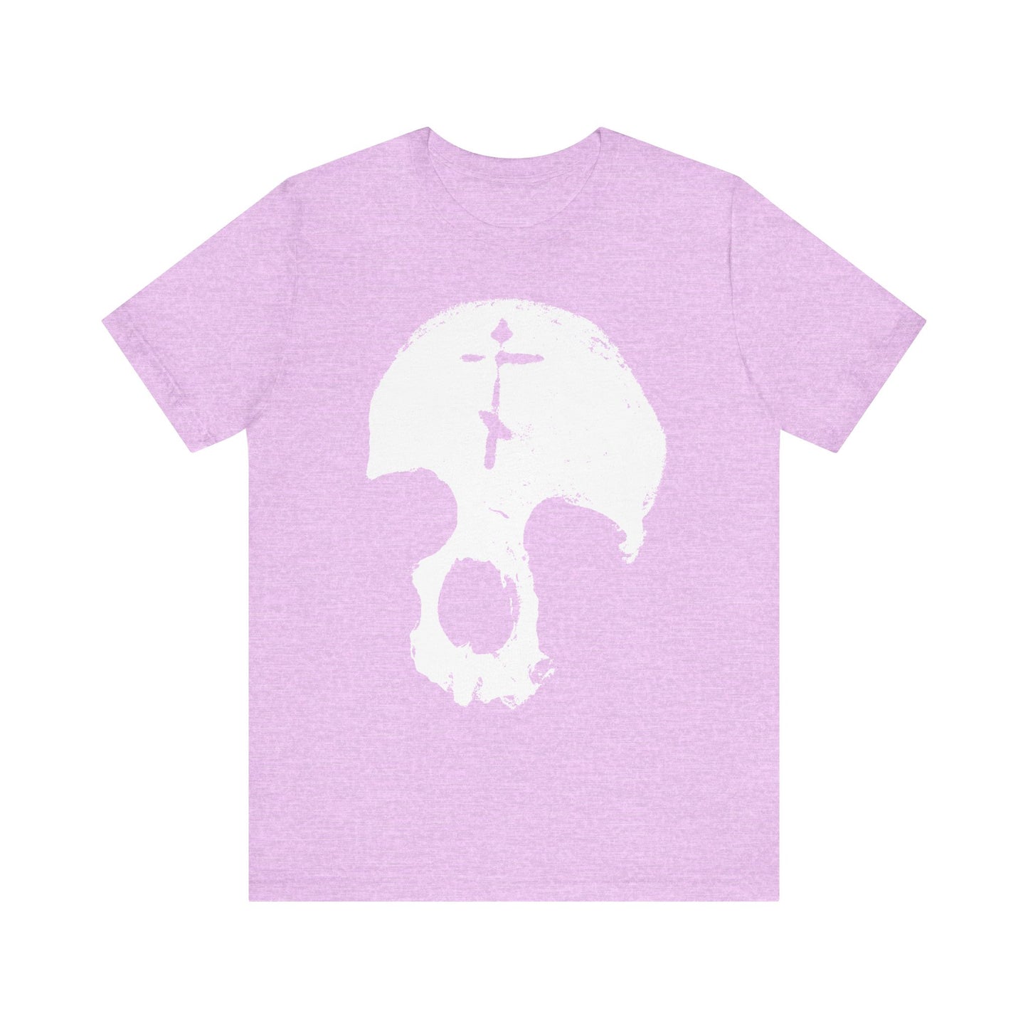 Heather Prism Lilac unisex lightweight cotton tee featuring a white, distressed skull graphic with an Orthodox cross on the forehead, inspired by the theme "All is Vanity" and reflections on the fleeting nature of human glory.
