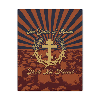 The Gates of Hades Shall Not Prevail | Cross with Wreath & Crown of Thorns | Skulls and Rays | Orthodox Christian Canvas Art