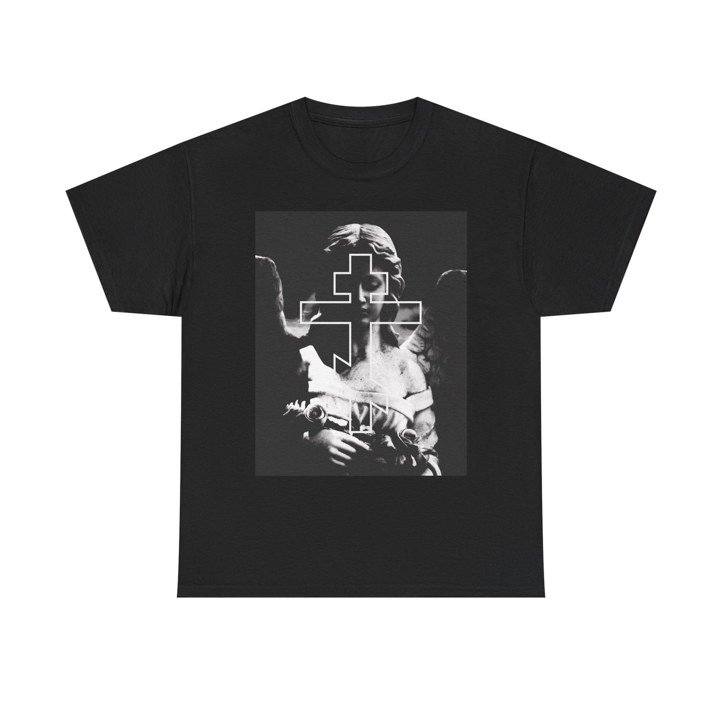 Black Cemetery Angel Orthodox Cross tee in a grayscale goth aesthetic with "Remember You Will Die" and Memento Mori design. Midweight cotton, unisex fit—perfect for devout souls.