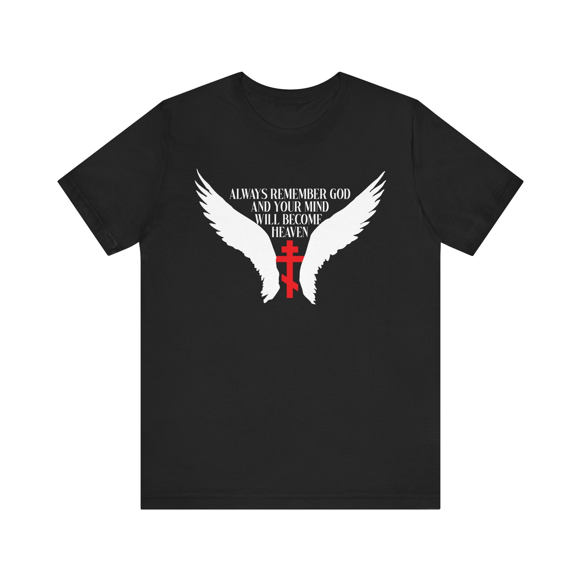Black "Always Remember God and Your Mind Will Become Heaven" tee featuring white angel wings, a red Orthodox cross, and Fr Spyridon Bailey's wisdom. Lightweight cotton, unisex fit.