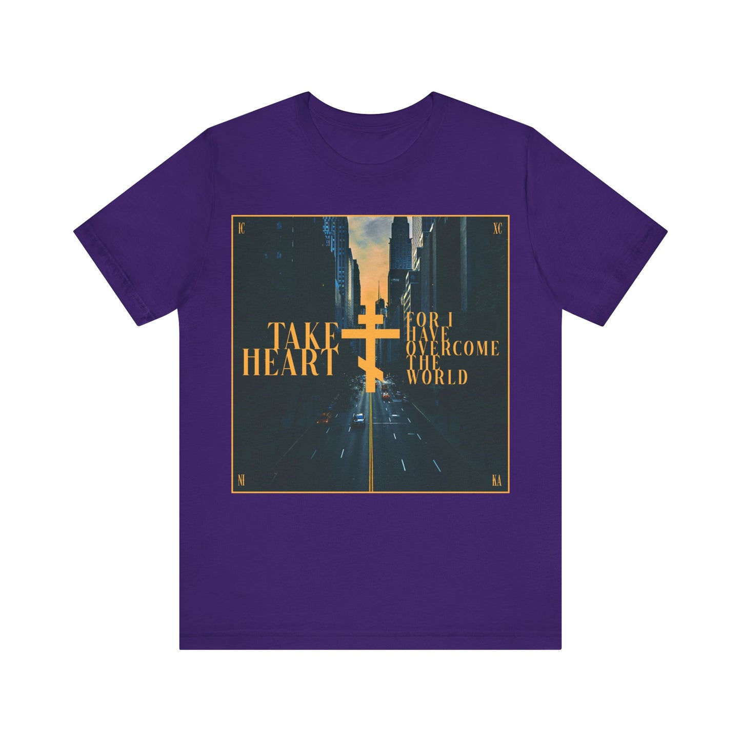 Team Purple cotton T-shirt featuring a modern city street scene and John 16:33—“Take Heart, For I Have Overcome the World”—a bold Orthodox Christian reminder of turning sorrow into joy.