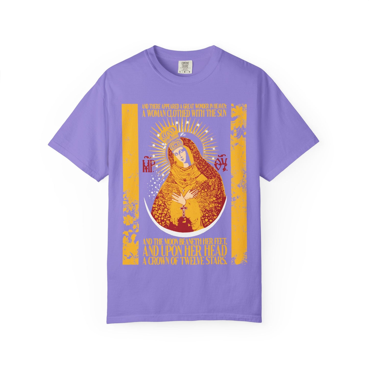Violet heavyweight cotton unisex t-shirt featuring a gold floral Our Lady the Gate of Dawn design, inspired by the Woman of the Apocalypse (Rev 12:1) and Theotokos, with decorative religious text accents.