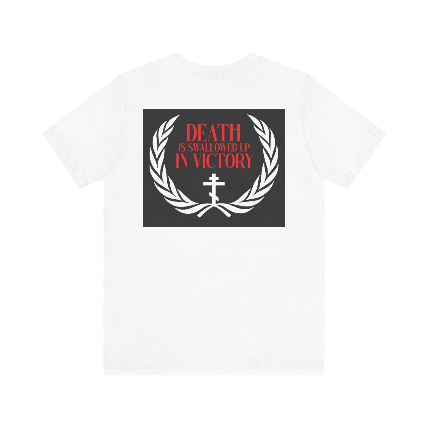 White Archangel Michael of the Apocalypse Iconographic t-shirt with a black rectangle, laurel leaves, cross, and red text: DEATH IS SWALLOWED UP IN VICTORY. Inspired by Revelation 12:7-9. DOUBLE-SIDED lightweight cotton unisex style.