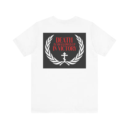 White Archangel Michael of the Apocalypse Iconographic t-shirt with a black rectangle, laurel leaves, cross, and red text: DEATH IS SWALLOWED UP IN VICTORY. Inspired by Revelation 12:7-9. DOUBLE-SIDED lightweight cotton unisex style.