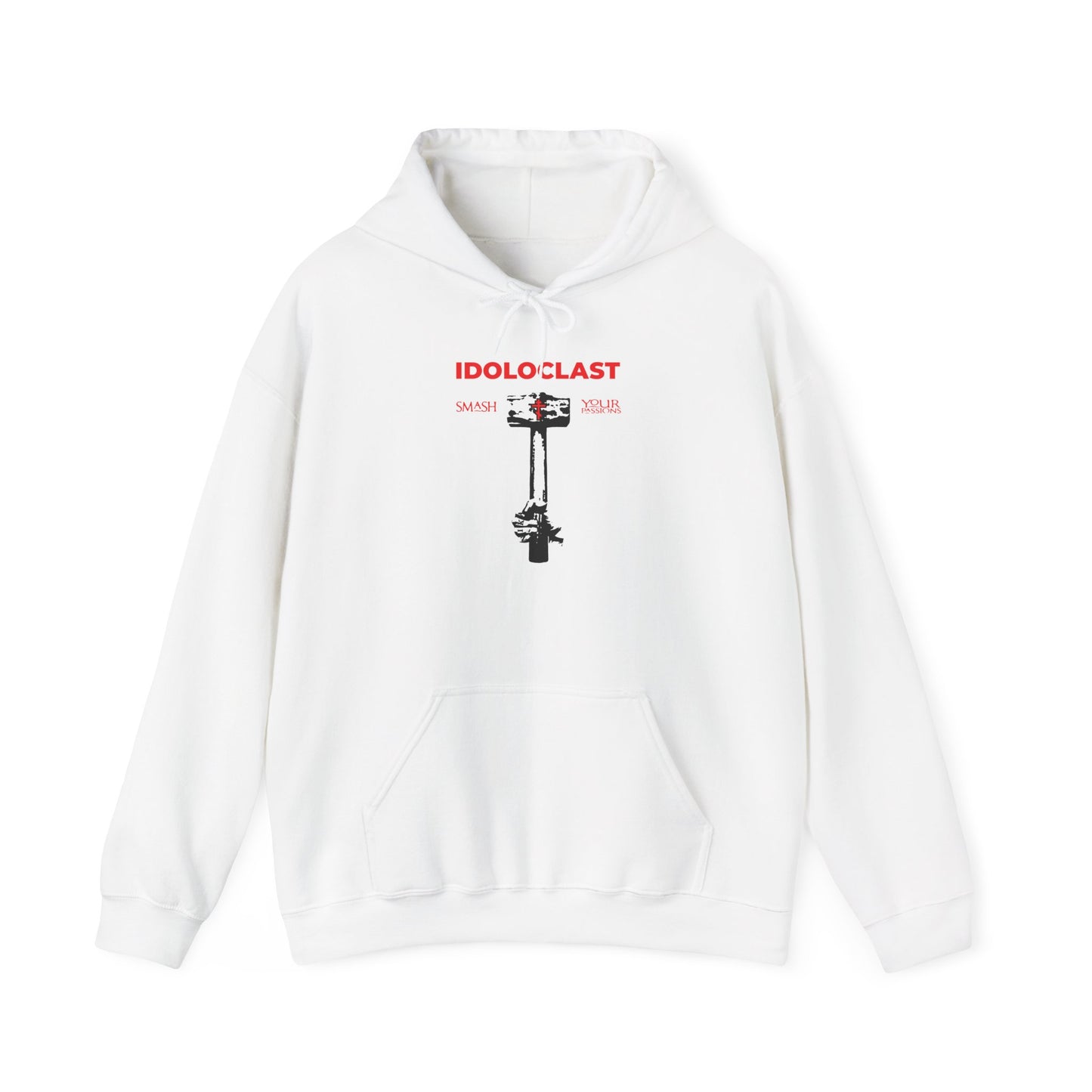 White “Idoloclast Idol-Smasher” hoodie featuring bold red "IDOLOCLAST" text and a striking black graphic of Jesus’ fist wielding a sledgehammer to shatter a statue—an Orthodox Christian ascetic design inspired by St. Macarius of Optina and the ICXC NIKA tradition, symbolizing victory over the eight passions.