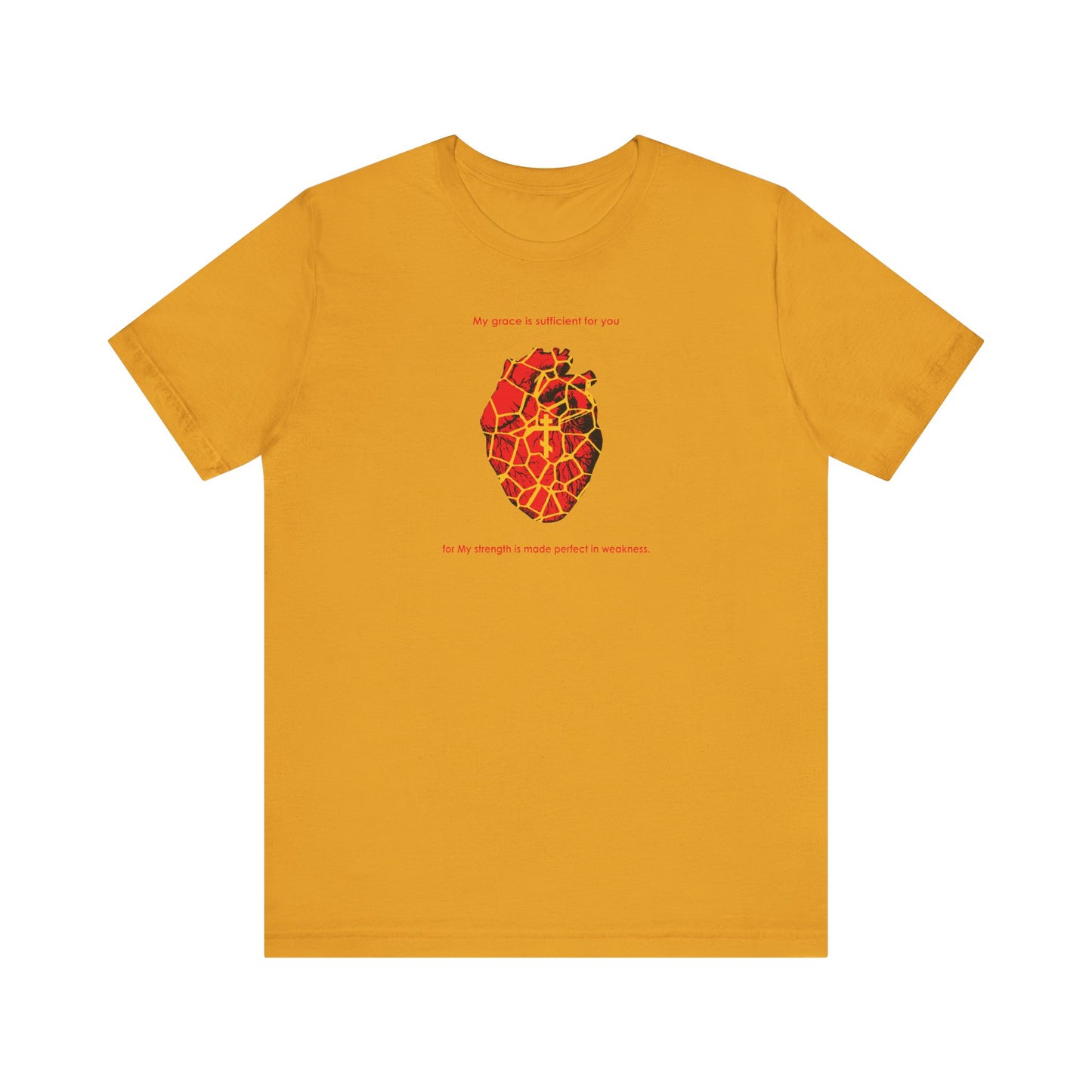 Mustard unisex tee—"My Strength is Made Perfect in Weakness" (2 Cor 12:9)—features a Kintsugi-style golden broken heart and Orthodox cross, symbolizing grace and strength in our brokenness. Lightweight cotton for comfort.
