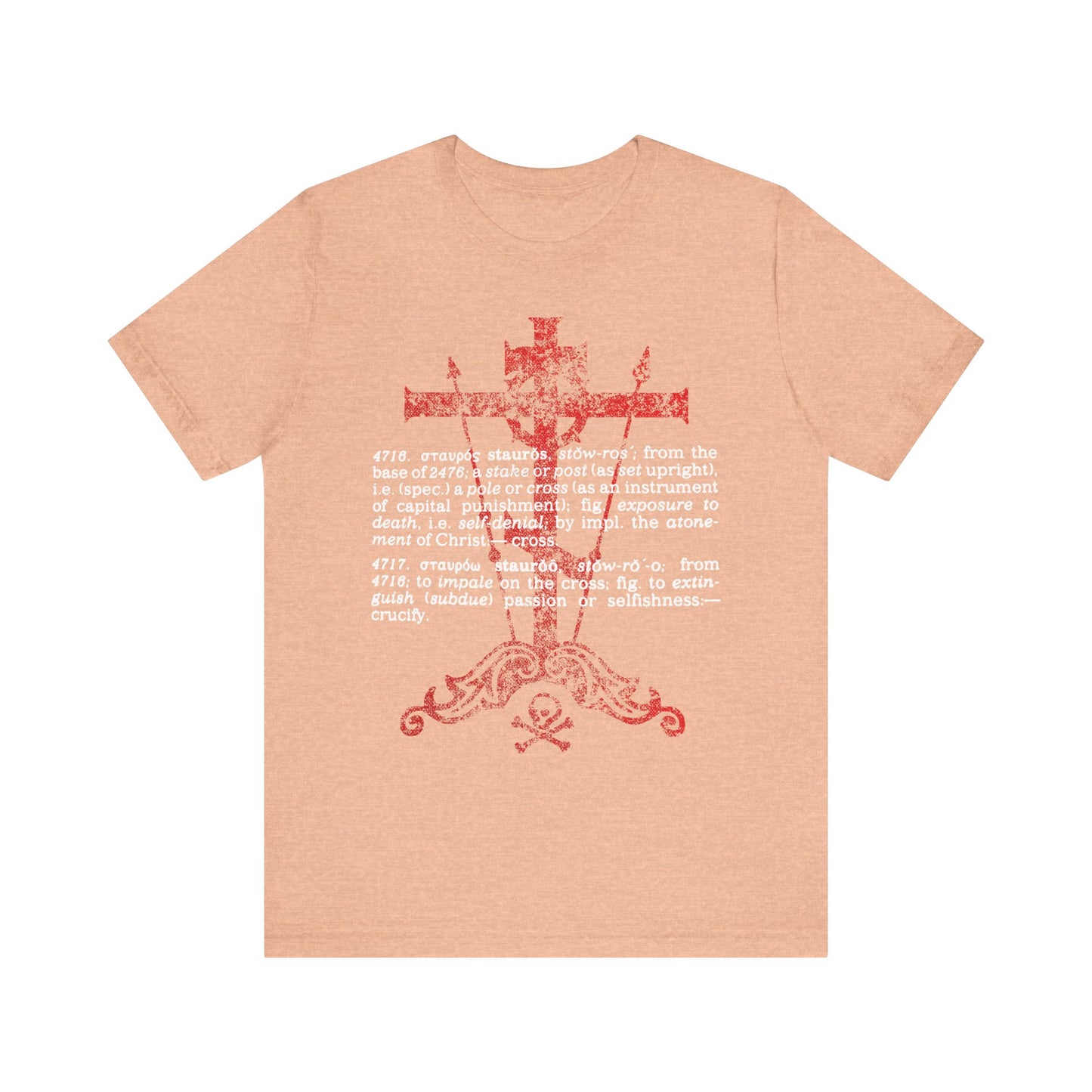 Heather peach t-shirt featuring a red cross, white text, and a vintage decorative design inspired by Strong's Dictionary of New Testament Greek, printed on the front. Product name: Stauros | The Cross: To Extinguish Passion (Greek Definition) | Orthodox Christian Lightweight Cotton Unisex T-Shirt.