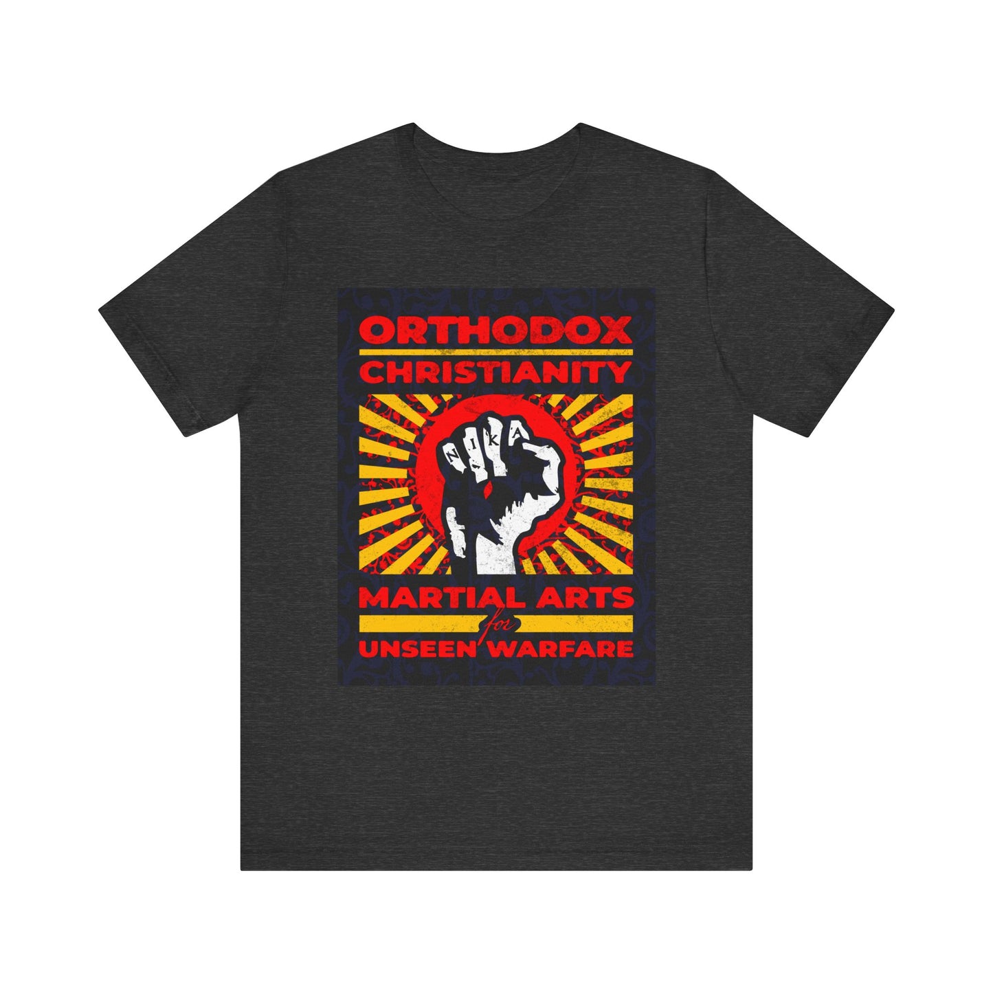 Dark Grey Heather lightweight cotton unisex tee featuring the "Orthodox Christianity: Martial Arts for Unseen Warfare" design—a bold NIKA Jesus fist on a colorful sunburst—offering an inspiring tribute to spiritual struggle and Christian virtue.