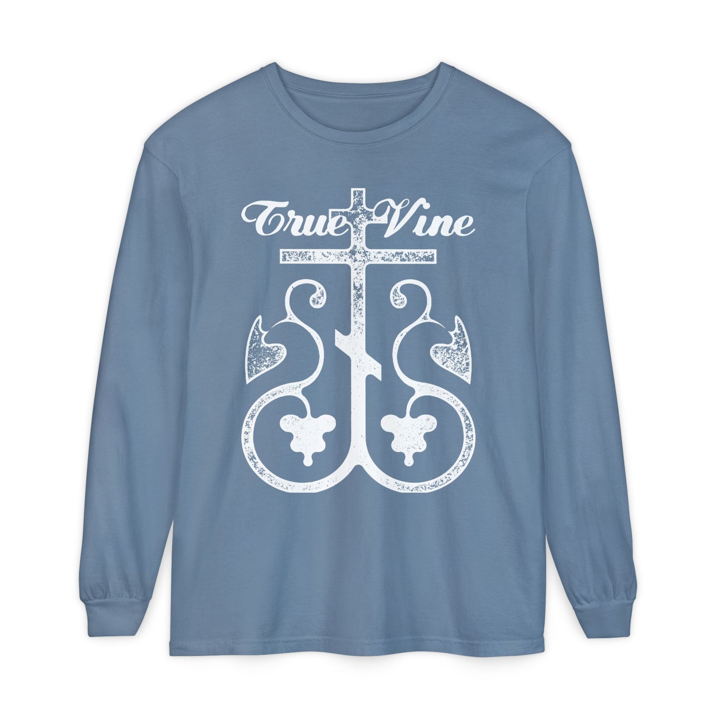 I Am the True Vine (John 15, Ezekiel 15) | Orthodox Cross with Grape Vine | Photocopy Effect | Orthodox Long Sleeve Cotton Shirt