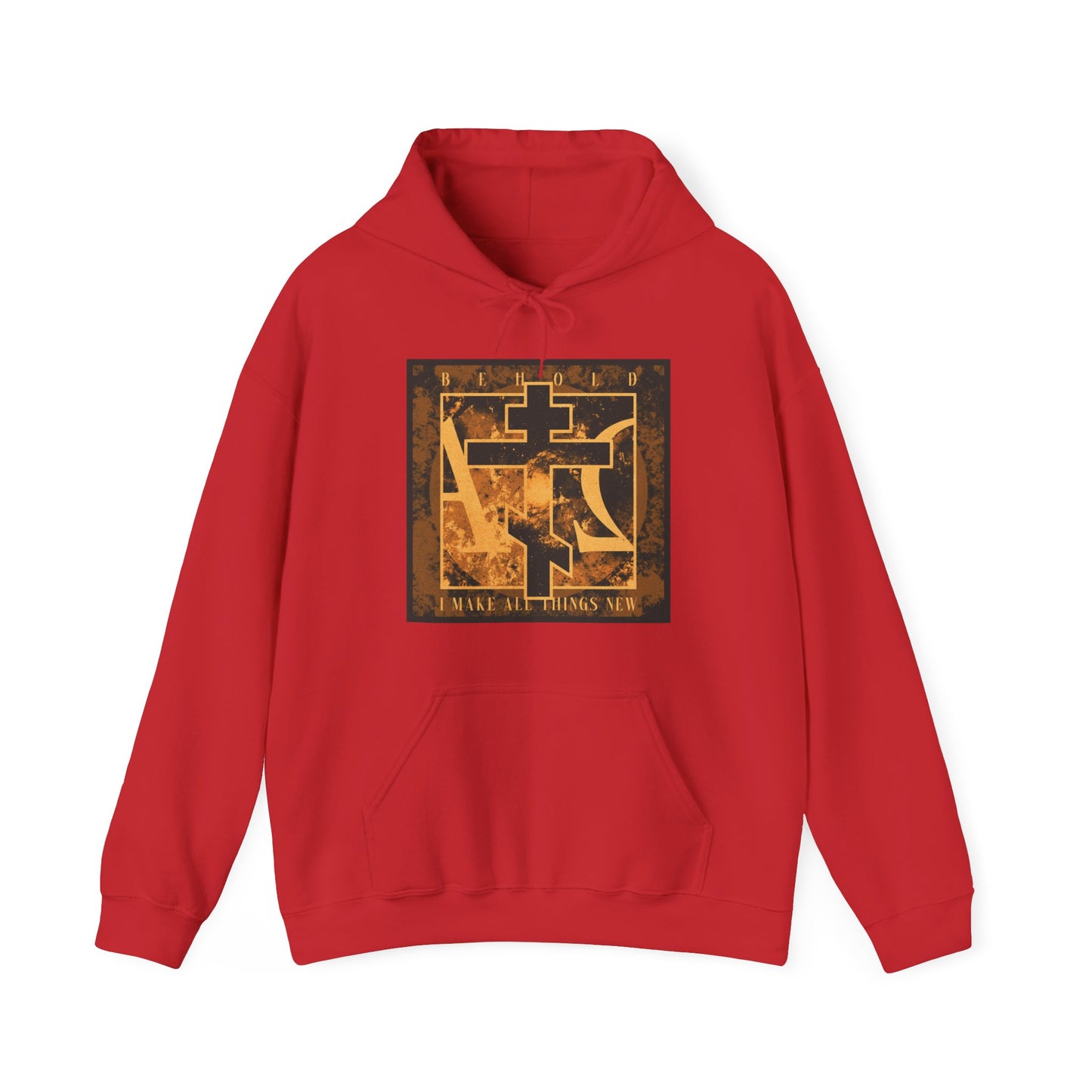 Red "Behold, I Make All Things New" (Rev 21:5) hoodie featuring a brown & orange Orthodox Cross with Alpha & Omega design—a bold, faith-inspired statement for Orthodox Christians.