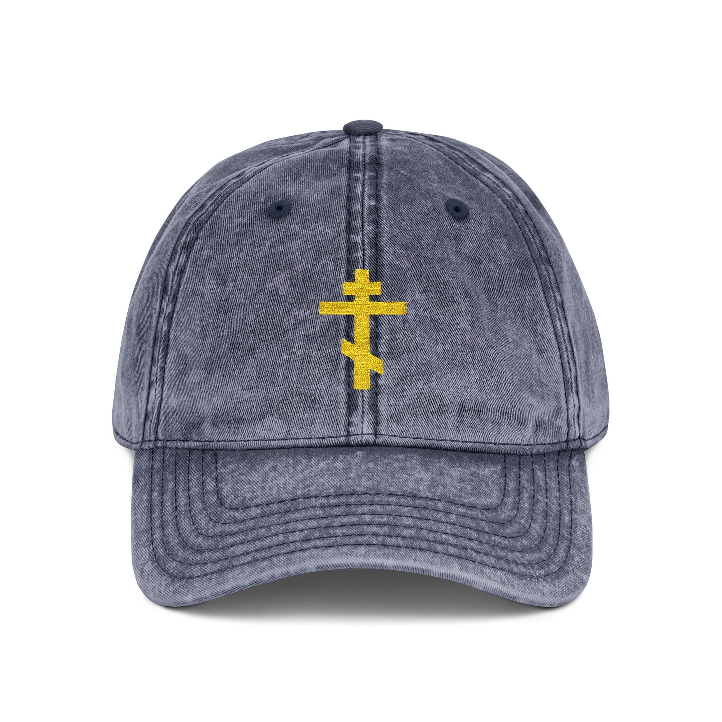 Navy distressed cap featuring a simple yellow Orthodox TriBar cross embroidered on the front—minimalist Christian style that symbolizes faith and salvation.