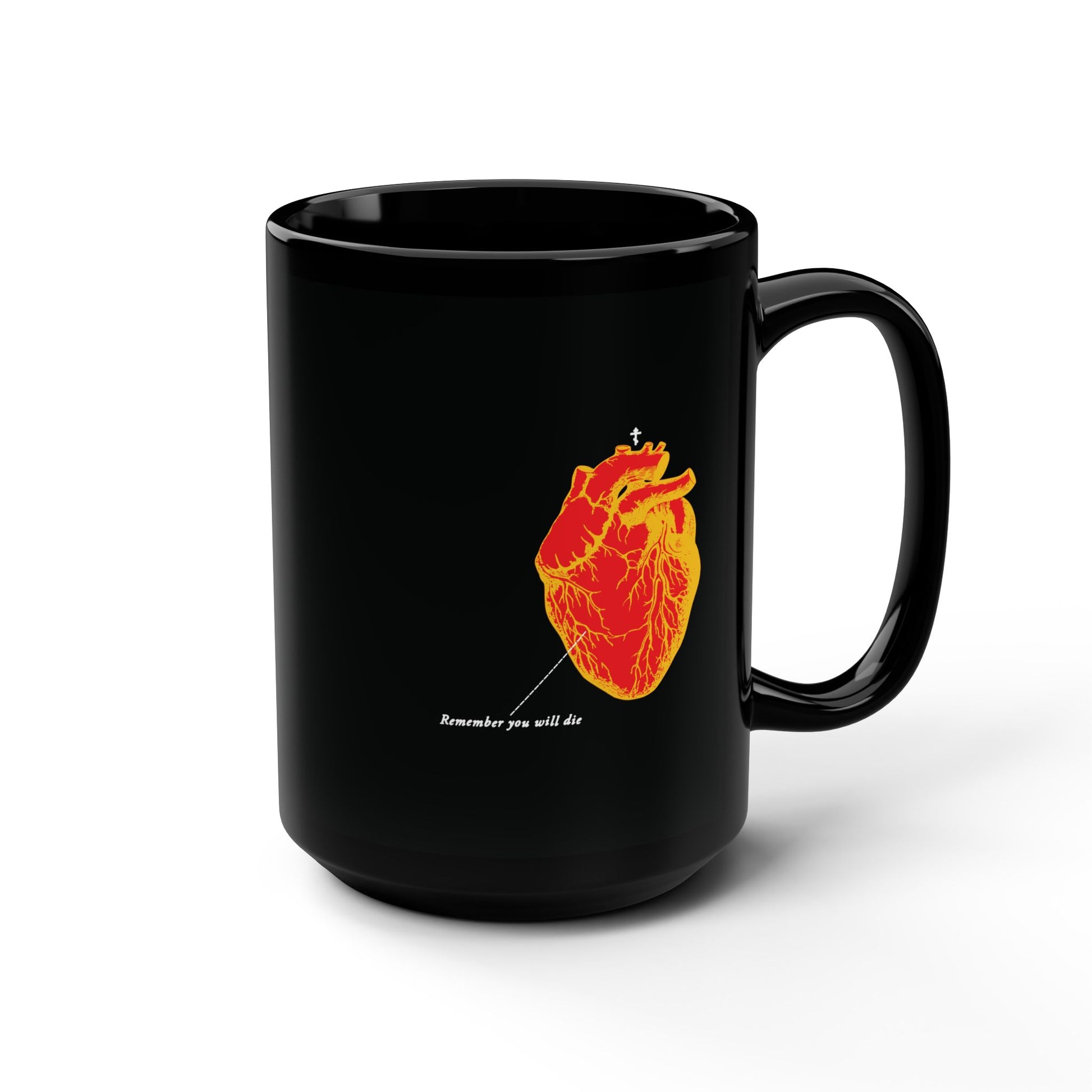 The "Remember You Will Die Retro Medical Textbook Heart Design" black mug features an inverted red & orange anatomical heart and Memento Mori text—a bold Orthodox Christian reminder of mortality and the soul's journey.
