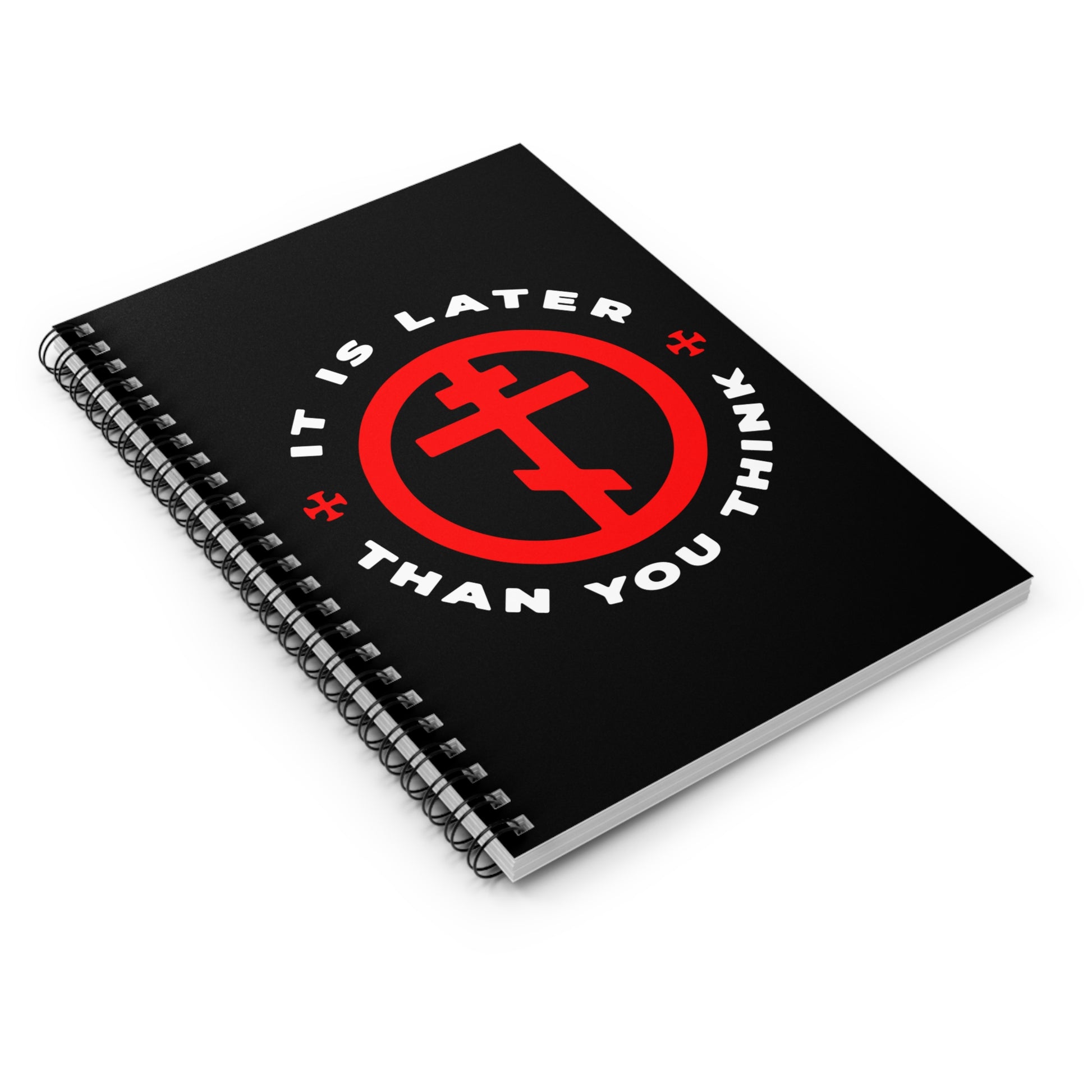 The "It Is Later Than You Think" spiral notebook features an Orthodox Cross in a circle and is inspired by Fr Seraphim Rose, also known as the American Saint—a Christian memento mori with an apocalyptic theme.