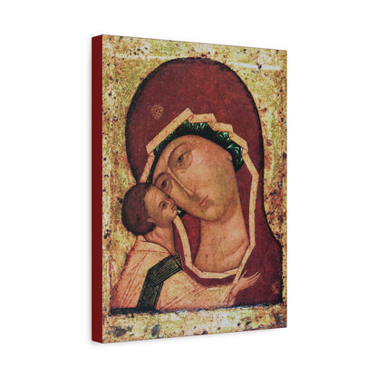 Sure! Here is your rewritten sentence using the provided product data: Depicts the Igorevskaya Russian Icon of the Mother of God, also known as Theotokos Tenderness (Eleusa), showing Mary holding baby Jesus with their faces touching in a gentle embrace against a gold background—an Orthodox Christian canvas wall art inspired by the famed icon celebrated at Kiev-Pechersk Lavra.