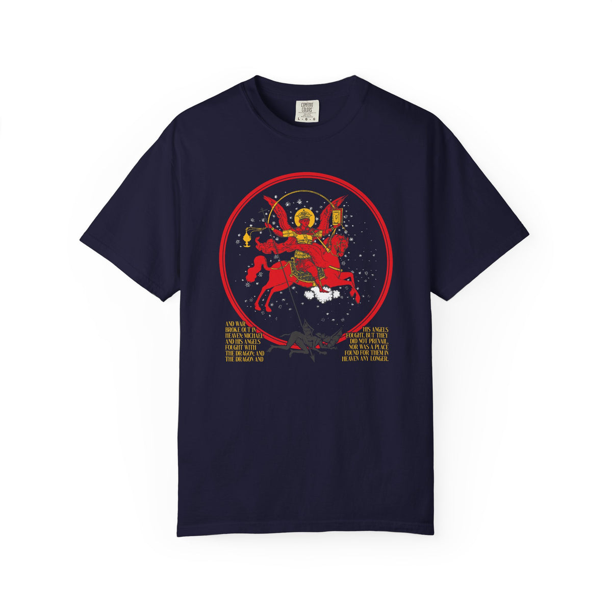True navy heavyweight cotton unisex tee featuring a vivid red iconographic image of Archangel Michael of the Apocalypse slaying the dragon, inspired by Revelation 12, with “Death is Swallowed Up in Victory” printed in gold beneath the artwork.