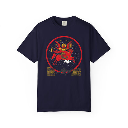 True navy heavyweight cotton unisex tee featuring a vivid red iconographic image of Archangel Michael of the Apocalypse slaying the dragon, inspired by Revelation 12, with “Death is Swallowed Up in Victory” printed in gold beneath the artwork.