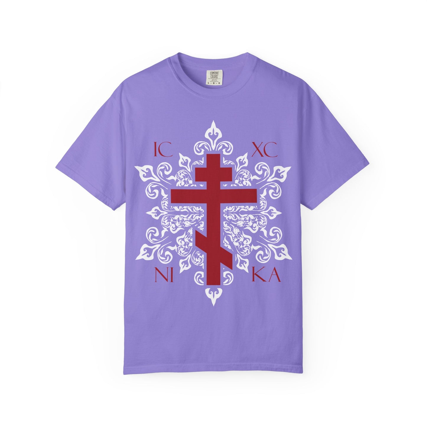 ICXC / NIKA Red Orthodox Cross on Ornate White Medieval Floral Design best-selling Orthodox Christian heavyweight cotton unisex tee in violet, featuring a red Orthodox cross, white ornate medieval floral motif, and bold IC XC NI KA lettering—evoking the spirit of Adoration at the Cross and a sense of Paradise.