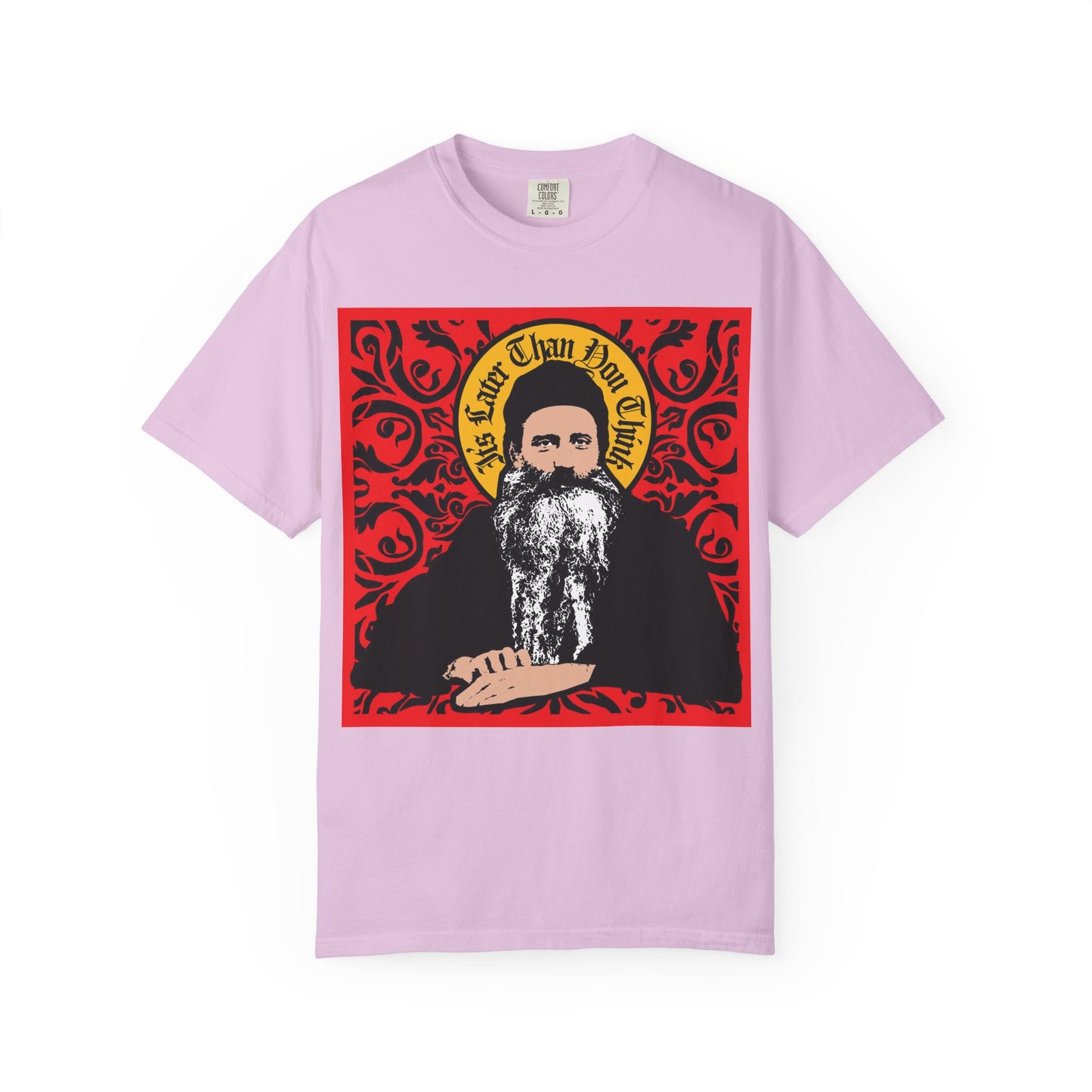 Orchid "It's Later Than You Think" heavyweight cotton unisex tee featuring a red ornate, icono-graphic design inspired by Saint Seraphim Rose of Platina, perfect for Orthodox Christians who value timeless wisdom.