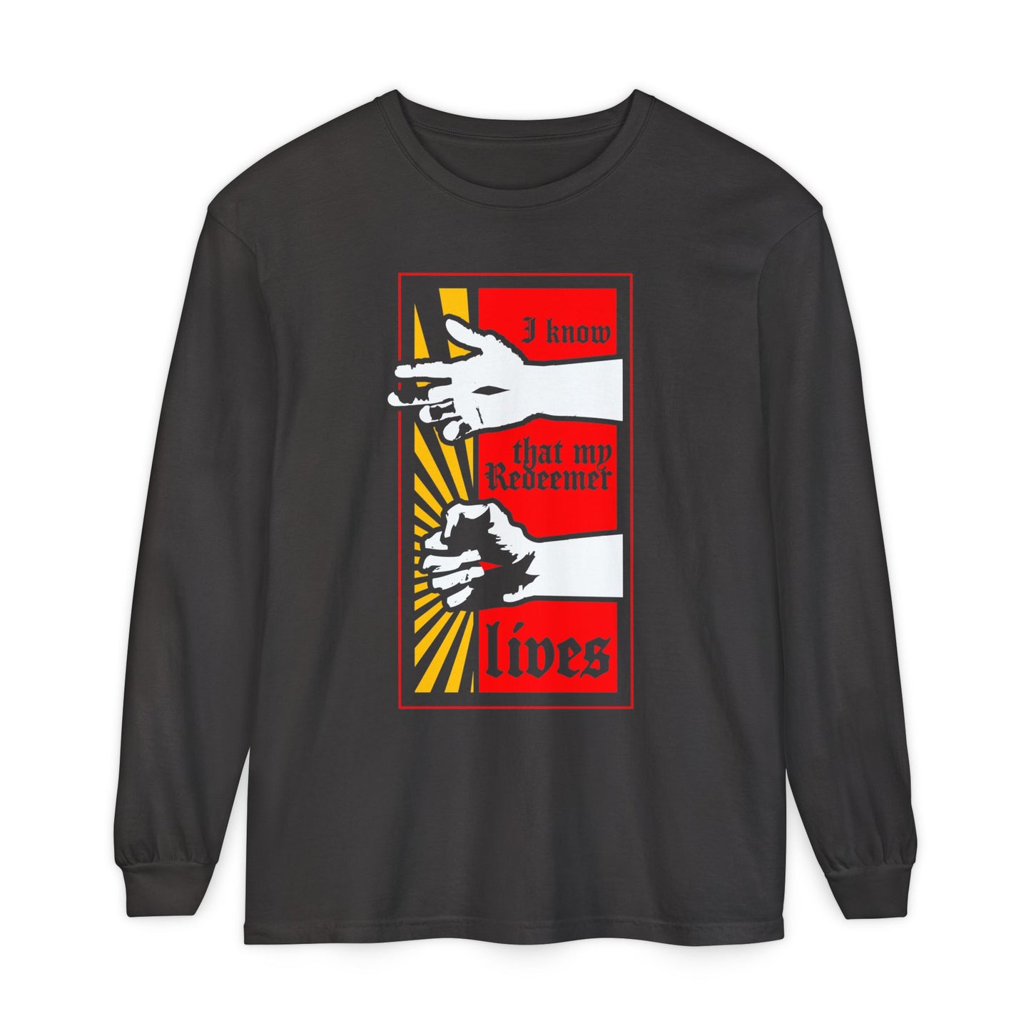 Graphite long-sleeve featuring a comic book style design: “I Know That My Redeemer Lives” (Job 19:25), with resurrected Jesus’ fist radiating divine power. Orthodox Christian apparel.