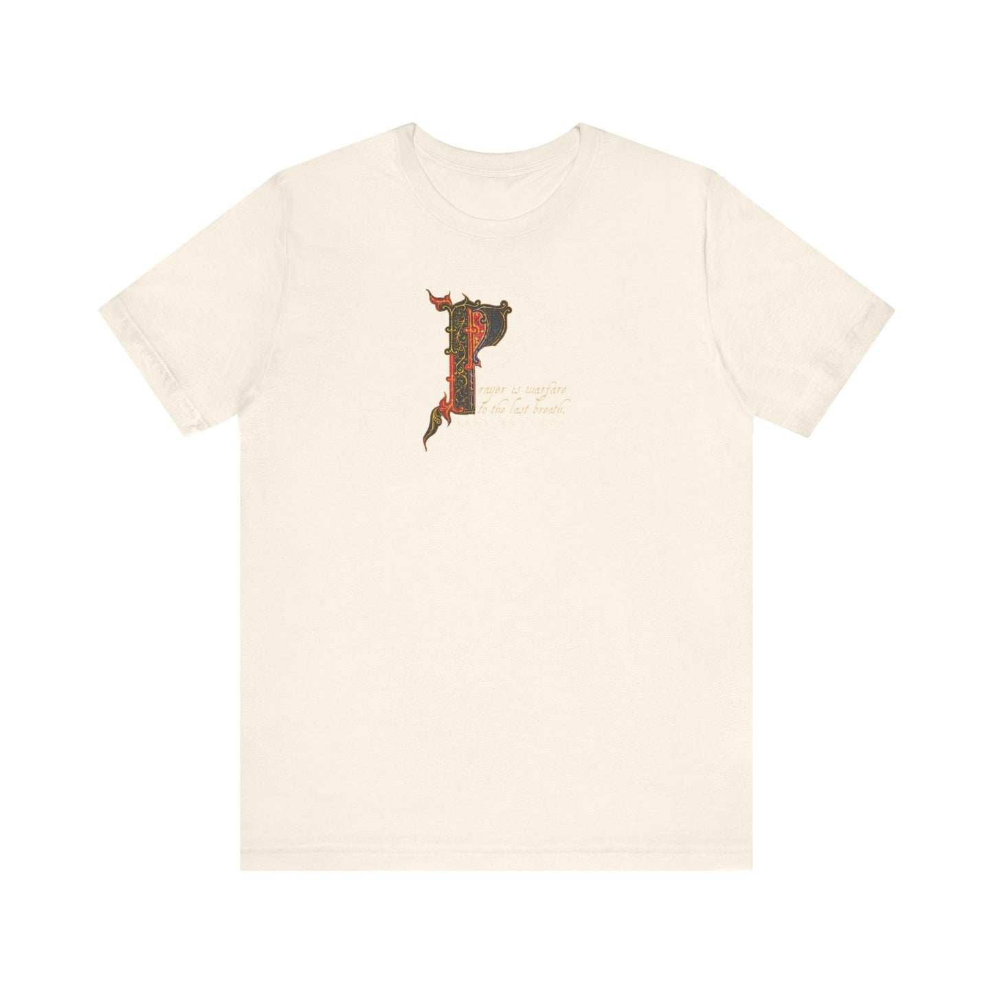 Natural t-shirt featuring "Prayer is Warfare to the Last Breath No. 1," inspired by Abba Agathon and his teachings on spiritual warfare. Orthodox Christian lightweight cotton unisex tee.