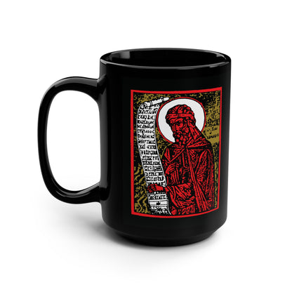 St. John of Damascus Icono-Graphic mug: black with a high contrast red, gold & black design depicting the Orthodox Christian saint holding a scroll inscribed with hymns, inspired by traditional Orthodox iconography.