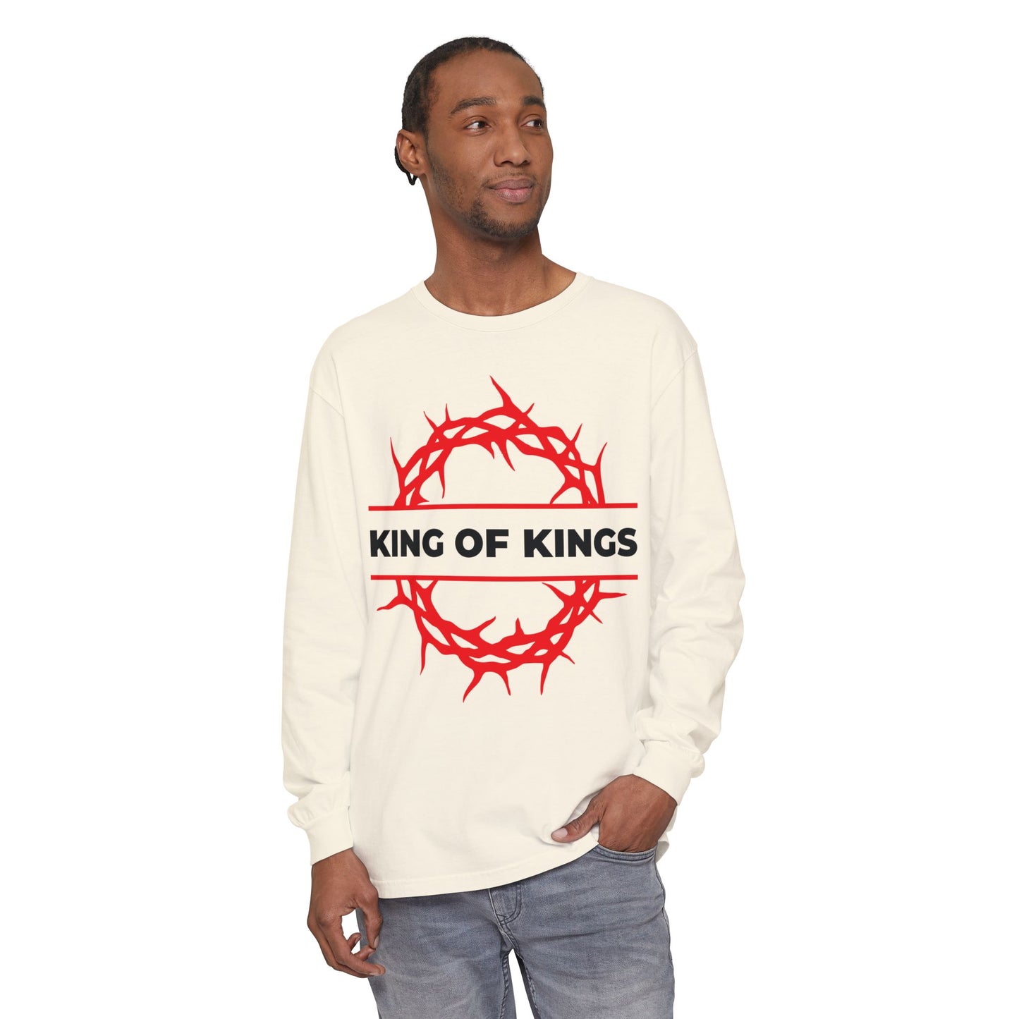 Man wearing the "King of Kings Crown of Thorns" Christian cotton long sleeve shirt, featuring a red crown of thorns and text inspired by Revelation 19:16: Christ is King, The King of Glory.