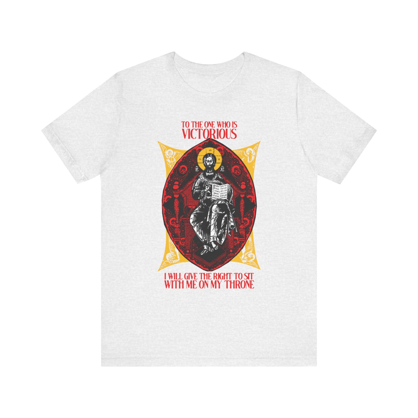 Ash-colored "Christ is King, Enthroned In Glory IconoGraphic" tee featuring a detailed seated figure and red text: "To the One Who Is Victorious" (Rev 3:21). Orthodox Christian lightweight cotton unisex shirt inspired by Christ’s heavenly reign.