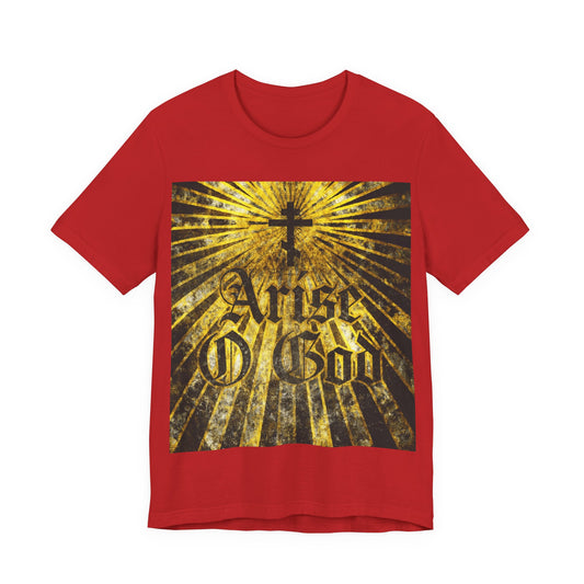 Red “Arise O God” T-shirt features a textured Gothic font, Orthodox cross, and golden rays—referencing Psalm 82 (81 LXX) and the Divine Council worldview. A bold statement of Orthodox Christian faith.