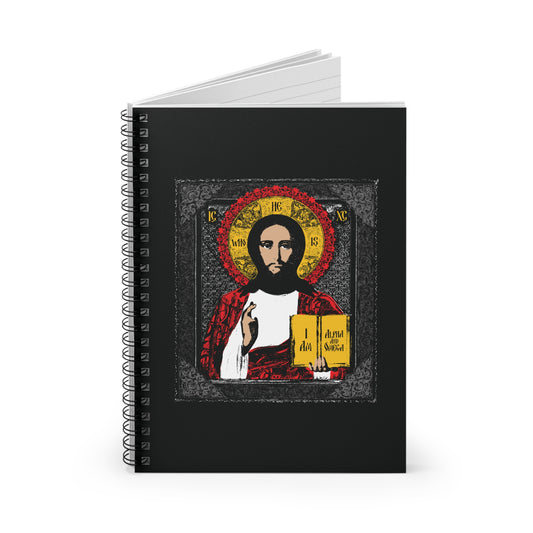 A spiral notebook featuring a Christ Pantocrator icon graphic and the words "He-Who-Is" and "I Am the Alpha and Omega" on the cover—an ancient Christian icon-style design.