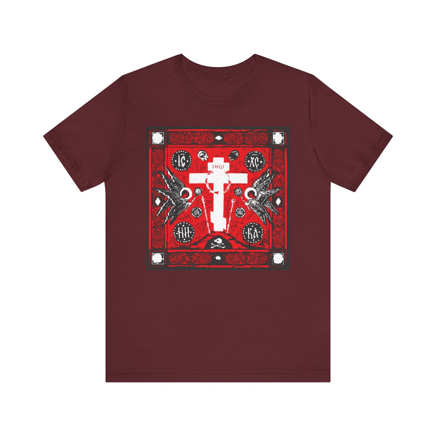 Maroon Adoration of Holy Cross IconoGraphic T-shirt featuring a striking red, white, and black Russian cross with angels design. Made from lightweight cotton. Unisex fit.