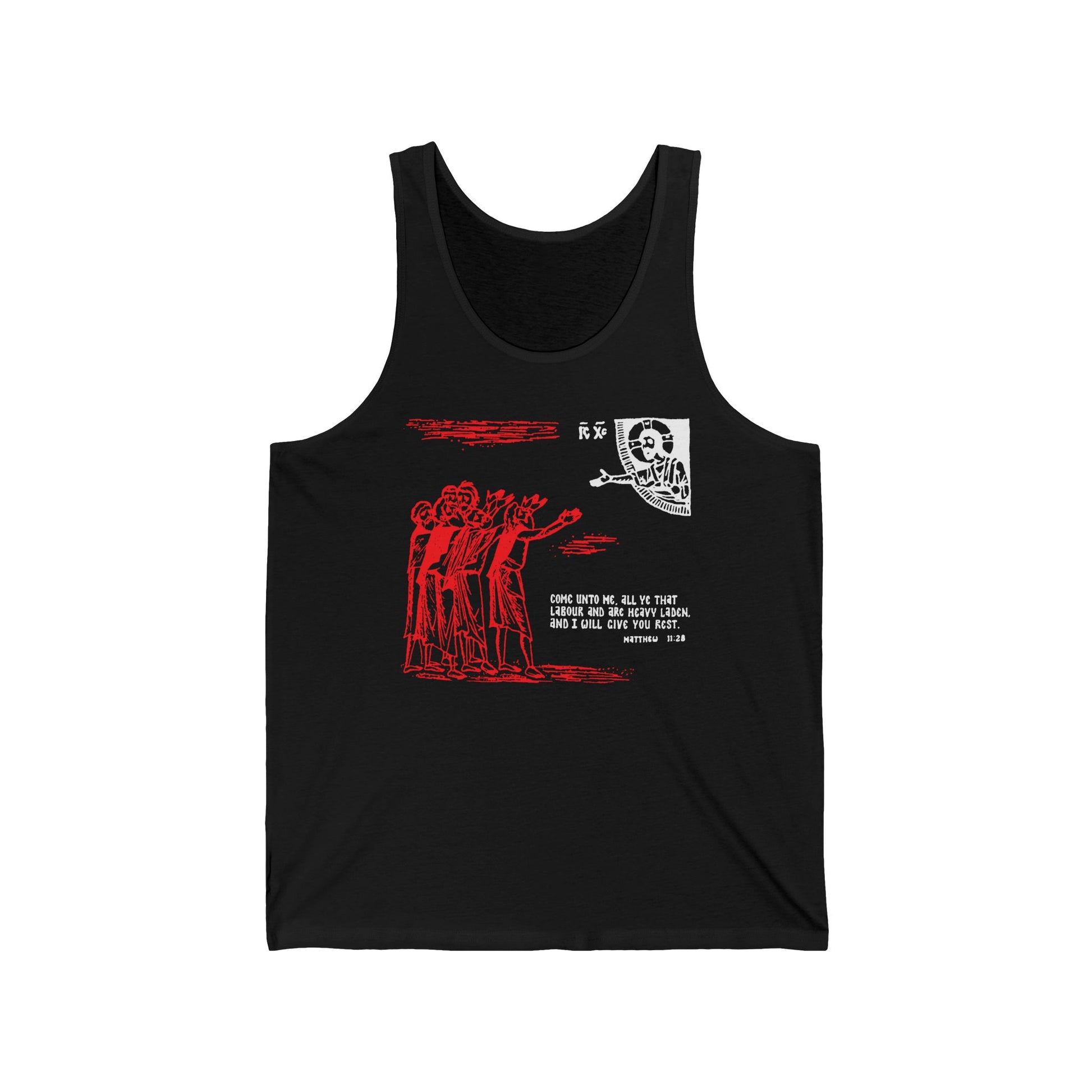 Black cotton tank top featuring Orthodox Christian icono-graphic drawing, red and white abstract graphics, group of figures, skeleton motif, and Matthew 11:28 text inspired by St Cyril of Alexandria.