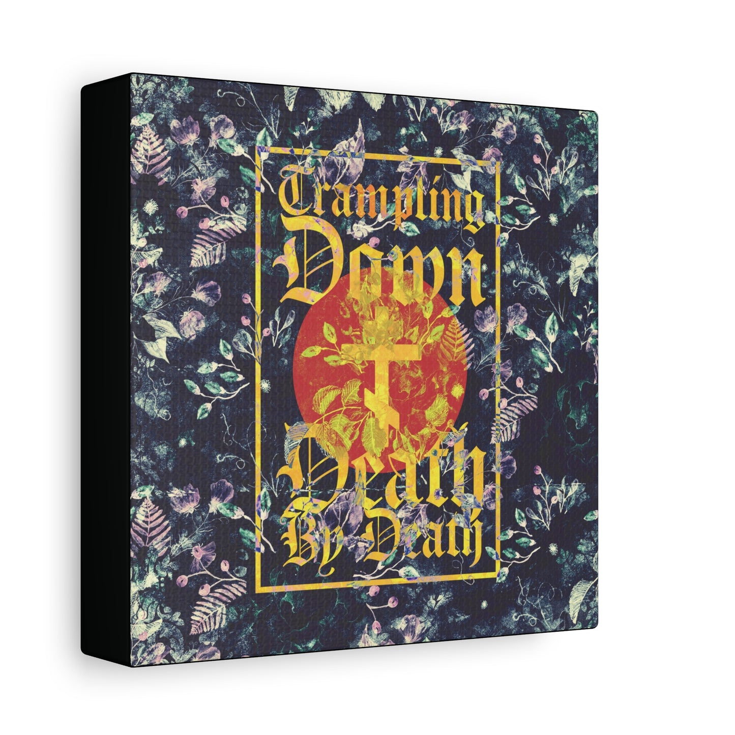 Trampling Down Death By Death | Paschal Floral Design with Gothic Script and Three-Bar Cross | Orthodox Christian Canvas Art
