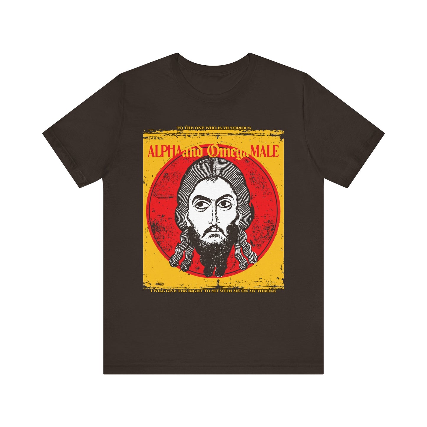 Brown unisex tee featuring the Jesus Christ Image of Edessa and "Alpha & Omega Male" text, inspired by Revelation and Christian resurrection. Lightweight cotton, "To the One Who Is Victorious" Orthodox IkonoGraphic design.