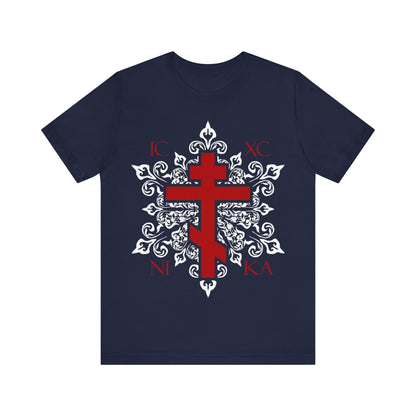ICXC / NIKA Red Orthodox Cross on Ornate White Medieval Floral Design | Exclusive Best-Selling Orthodox Christian T-Shirt