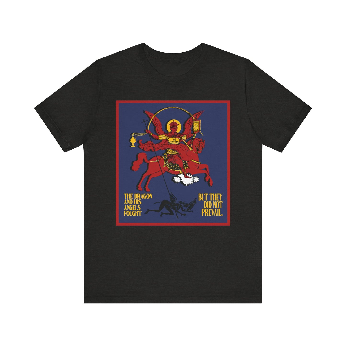 Black Heather tee featuring Archangel Michael defeating Satan the Dragon (Rev 12:7-8), apocalyptic iconographic design, text: "But they did not prevail." Orthodox Christian lightweight cotton unisex shirt.