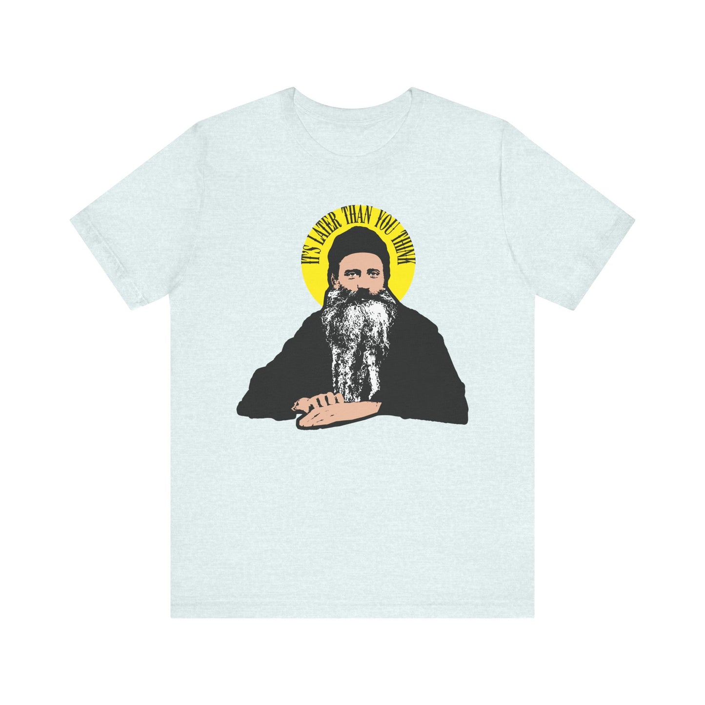 Heather ice blue tee featuring a St. Seraphim Rose quote, "It's Later Than You Think," in a yellow halo. Modern American Orthodox saint design on lightweight cotton unisex shirt.