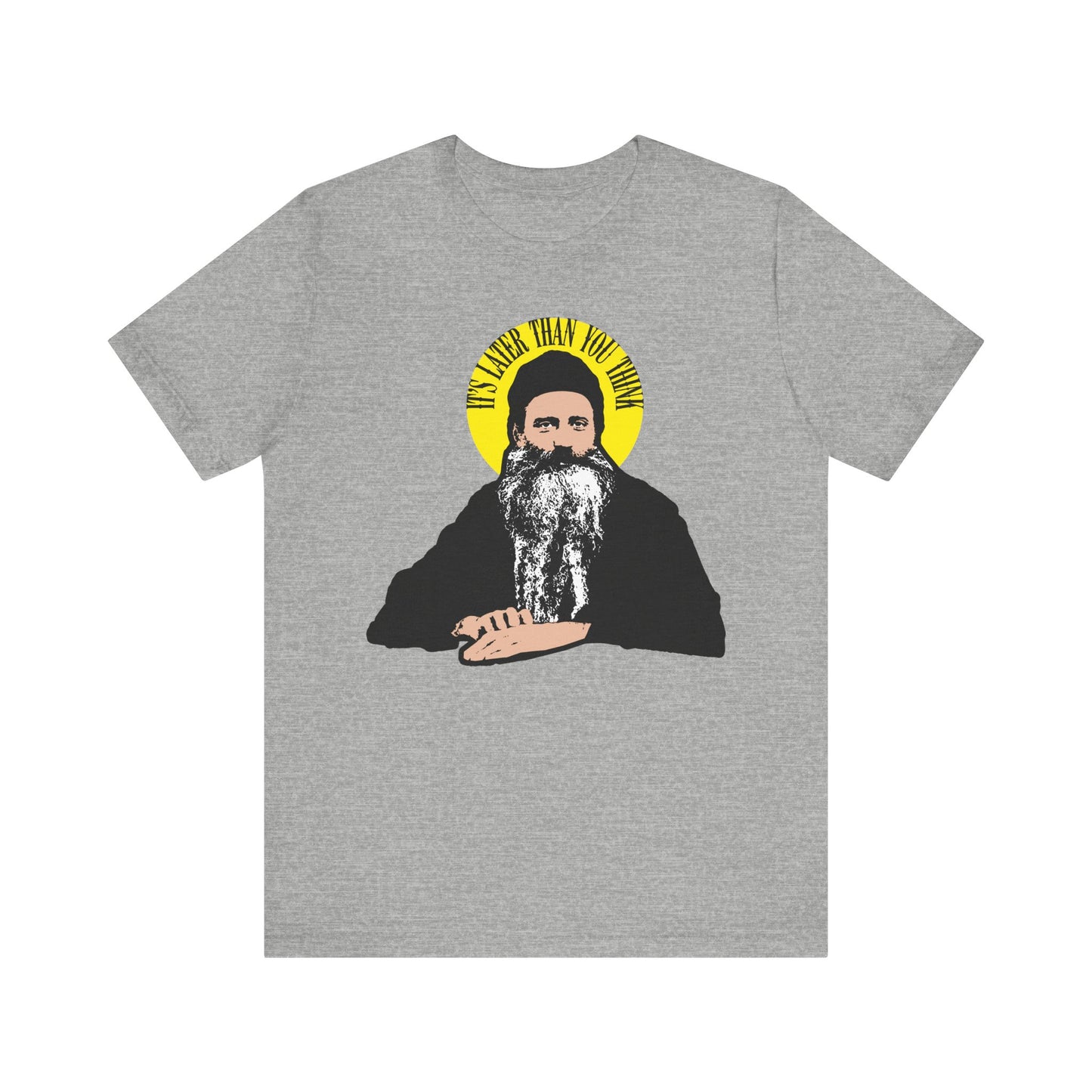 Athletic Heather tee featuring "It's Later Than You Think" in a yellow halo, inspired by St Seraphim Rose's quote. Modern American Orthodox saint design on lightweight cotton unisex shirt.