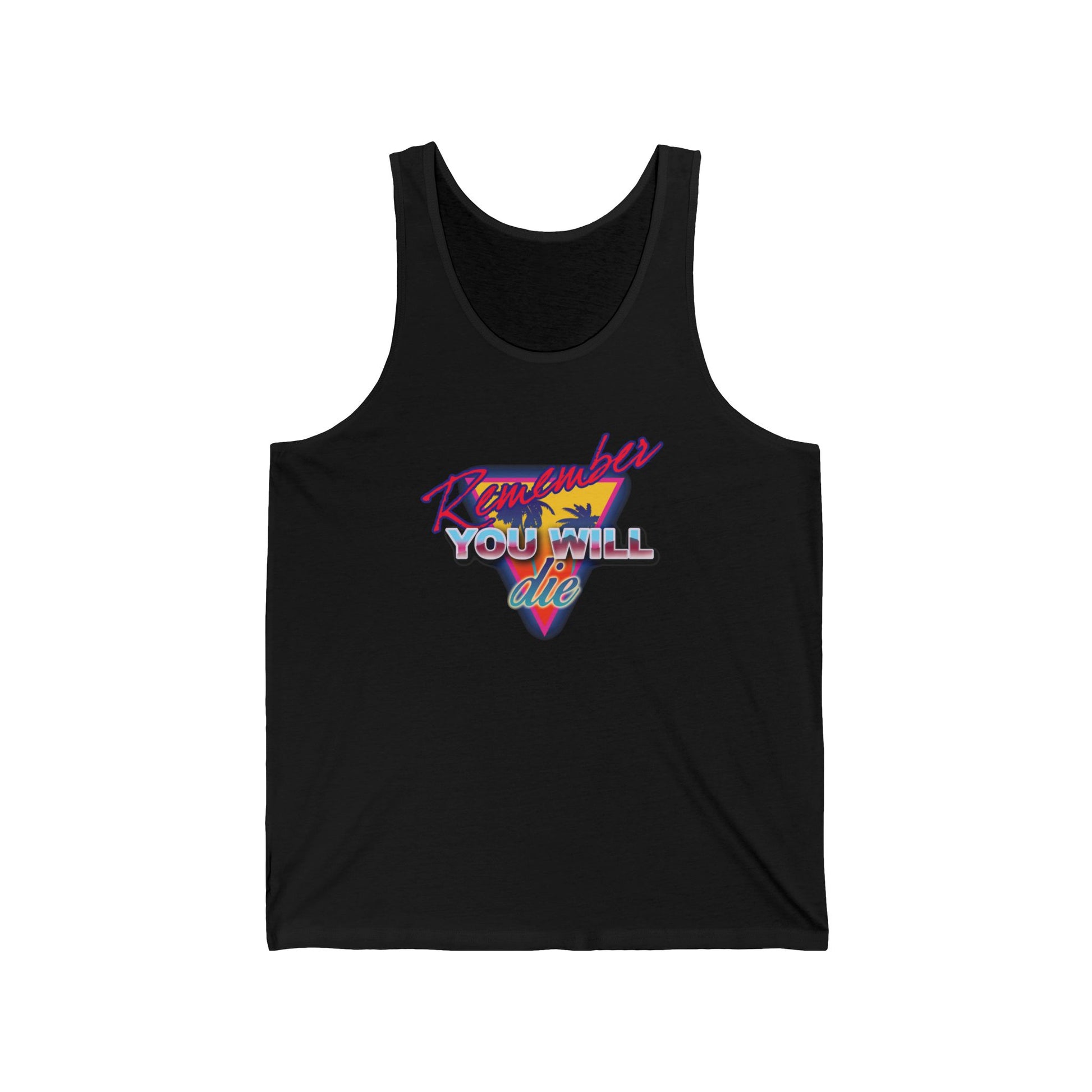 Black cotton tank top featuring 80s retro synthwave palm tree art and colorful “Remember You Will Die” text, inspired by Memento Mori and Orthodox Christian themes.
