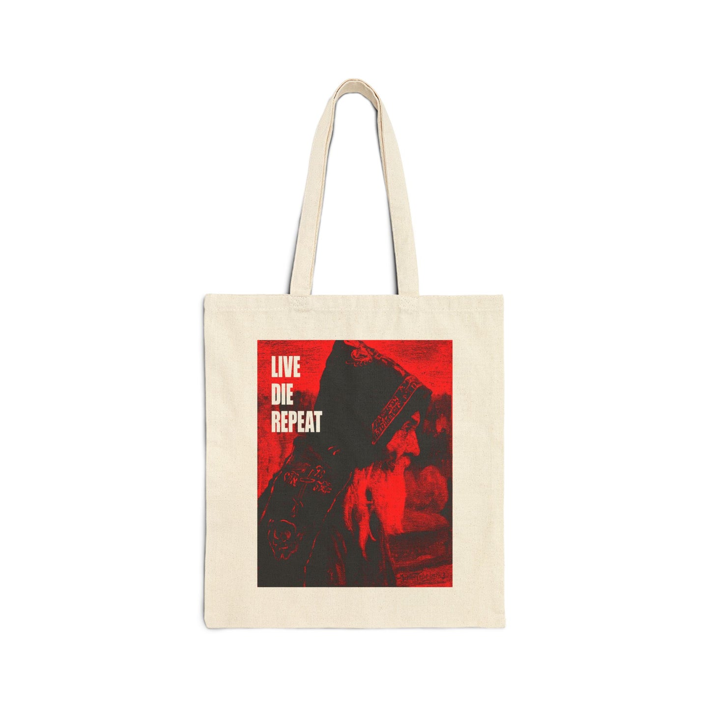 Natural tote bag featuring Mikhail Nesterov’s "Monk" art and the quote “Die Every Day, and You Will Live Forever,” inspired by St. Antony the Great. Perfect for Orthodox Christians seeking daily inspiration.